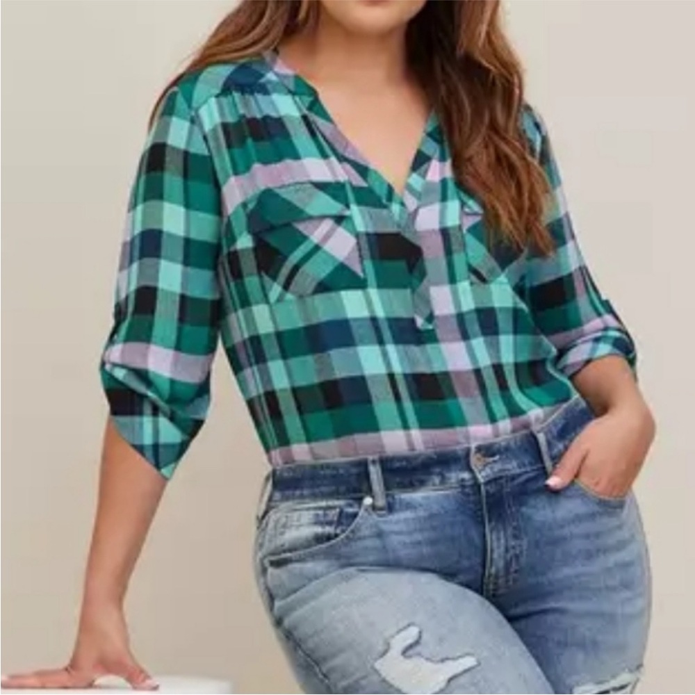 Torrid Plaid Blouse - Black, Purple and Greens